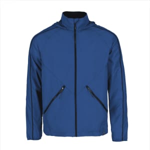 A blue men's packable jacket with zippered pockets and a hood, featuring a logo on the front.