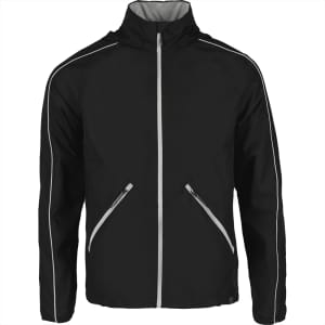 A black packable jacket with contrasting grey zippers and trim. Features a zip-up front and side pockets.