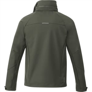 A men's softshell jacket in army green with a collar and a logo on the back.