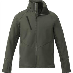 A men's softshell jacket in olive green, featuring a high collar and zippered chest pocket. It has a logo on the front.