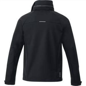 A black softshell jacket with a high collar and a reflective strip on the back. Features a logo on the design.