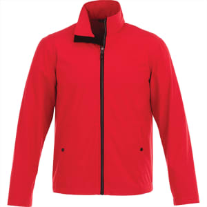 A red softshell jacket for men featuring a zip front and two side pockets. It has a collar and a branded logo.