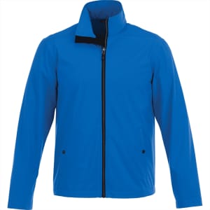 A blue softshell jacket for men featuring a zip front and two side pockets. Includes a logo on the jacket.