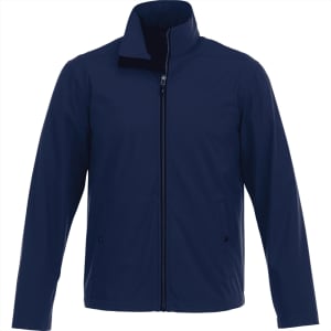 A navy softshell jacket for men with a high collar and front zip, featuring side pockets and a logo.