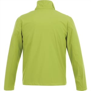 A soft shell jacket in vibrant lime green, featuring a high collar and a smooth back design.