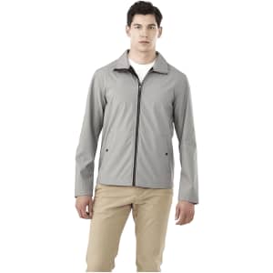 A soft shell jacket for men in light grey, featuring a front zipper and a collar. The jacket has two pockets and a logo.