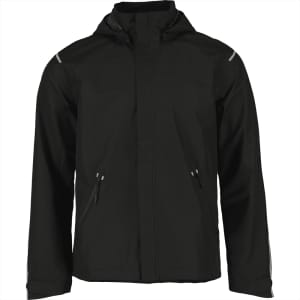 A black men's softshell jacket with a hood, featuring zippered pockets and reflective accents.