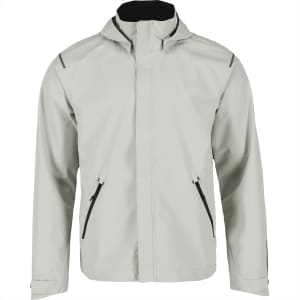 A men's softshell jacket in light grey with zippered pockets and a hood, featuring a branding logo.
