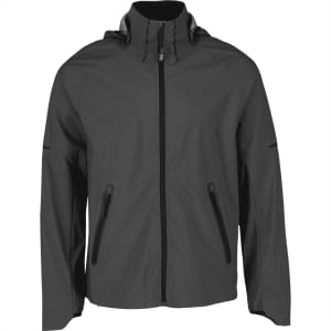 A men's softshell jacket in dark grey with a front zip and two side pockets, featuring a hood and branding.