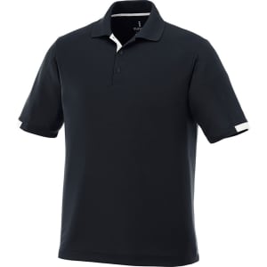A black short sleeve polo shirt with contrasting white details and a logo on the chest.
