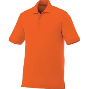 An orange short sleeve polo shirt for men with a collar and button placket, featuring a logo.