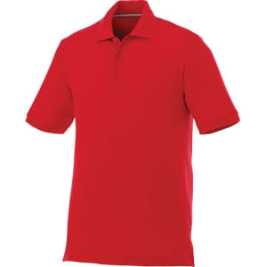 A red men's short sleeve polo shirt with a collar and three buttons, featuring a logo.