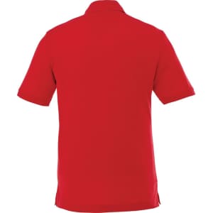 A red short sleeve polo shirt for men with a collar and side splits, featuring a logo.