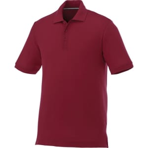 A maroon short sleeve polo shirt for men with a collar and buttons, featuring a logo.