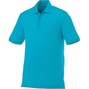 A turquoise short sleeve polo shirt with a collar and three buttons, featuring a branding logo.