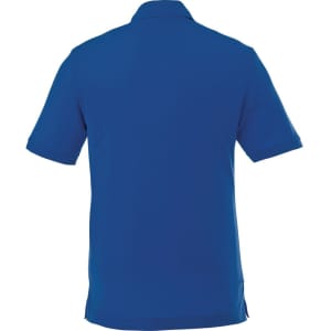 A blue short sleeve polo shirt for men featuring a collar and a logo.