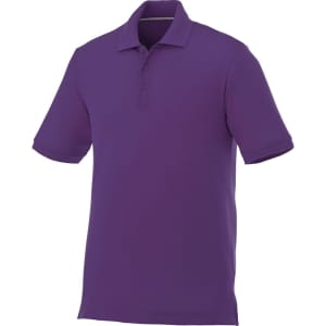 A men's short sleeve polo shirt in a vibrant purple colour, featuring a collar and three buttons. It has a logo on it.