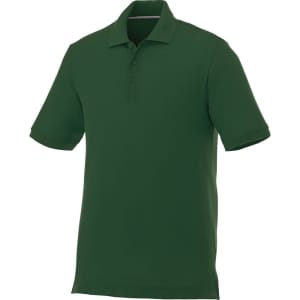 A men's short sleeve polo shirt in deep green, featuring a collar and a logo on the chest.