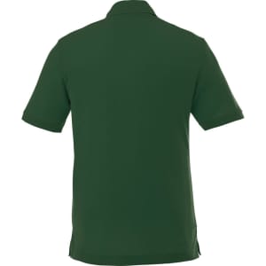 A green men's short sleeve polo shirt featuring a collar and side slits, with a logo on the back.