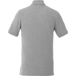 A grey short sleeve polo shirt featuring a collar and back view. Includes a logo.
