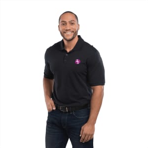 A black short sleeve polo shirt for men, featuring a logo on the chest and paired with dark jeans.