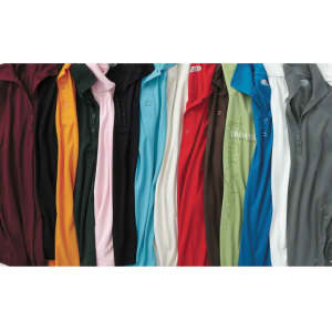 A variety of polo shirts in multiple colours, featuring buttons and various designs, including a logo on some.