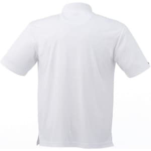 A white short sleeve polo shirt for men, featuring a simple design and a logo on the side.