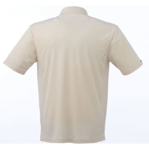 A beige short sleeve polo shirt for men featuring a back view and a small logo on one sleeve.