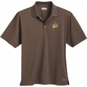 A brown men's polo shirt with a collar and a logo on the front.