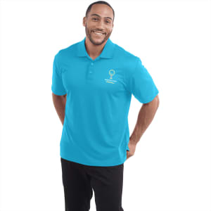 A turquoise polo shirt for men, featuring a collar and a logo on the chest, modelled by a smiling man.