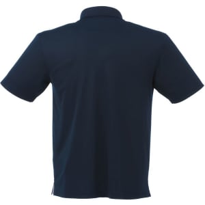 A navy blue men's short sleeve polo shirt featuring a collar and a logo.