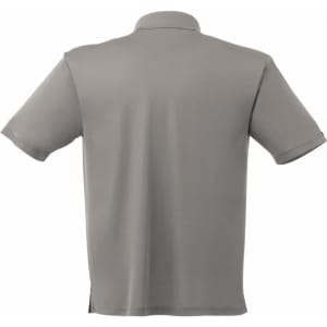 A grey men's short sleeve polo shirt featuring a collar and side slits, with a logo on the back.