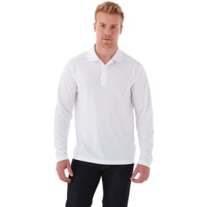 A long sleeve men's polo shirt in white, featuring a collar and a logo.