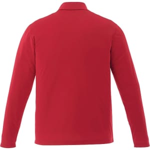 A long sleeve polo shirt in vibrant red, featuring a collar and a logo on the back.