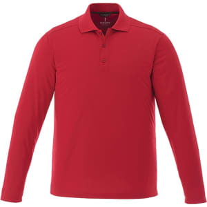 A long sleeve polo shirt in red, featuring a classic collar and buttons, with a logo on the chest.