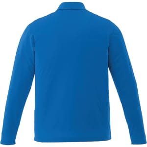A long-sleeve polo shirt in bright blue, featuring a collar and a logo.