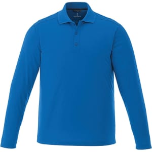 A blue long sleeve polo shirt for men, featuring a collar and a logo on the chest.