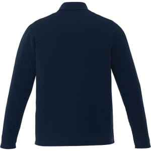 A navy long sleeve polo shirt for men, featuring a collar and a branded logo on the back.