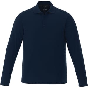 A long sleeve navy polo shirt for men, featuring a collar and a logo on the chest.
