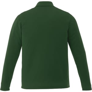 A long sleeve polo shirt in dark green, featuring a simple design and a logo on the back.