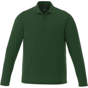 A long sleeve men's polo shirt in a rich green colour, featuring a collar and a logo on the upper front.