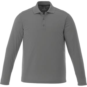 A grey long sleeve polo shirt with a collar and three buttons, featuring a logo on the chest.