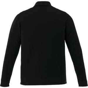 A black long sleeve polo shirt for men, featuring a collar and a logo on the back.