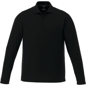 A long sleeve black polo shirt for men, featuring a collar, buttons, and a logo.