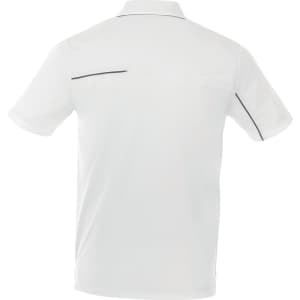 A white men's short sleeve polo shirt featuring a back design with contrasting trim and a logo.