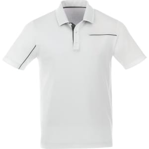 A grey short sleeve polo shirt with a subtle design detail and a branding logo on the front.
