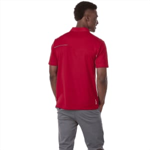 A red men's polo shirt featuring a short sleeve design and a back detail, with a logo present.