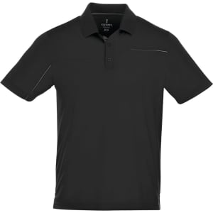 A black short sleeve polo shirt with a subtle logo and a trim detail on the chest.