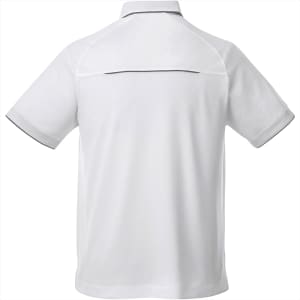A white men's short sleeve polo shirt featuring contrasting trim and a logo on the back.