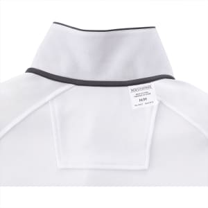 A white short sleeve polo shirt featuring a collar with contrasting trim and a label on the back.